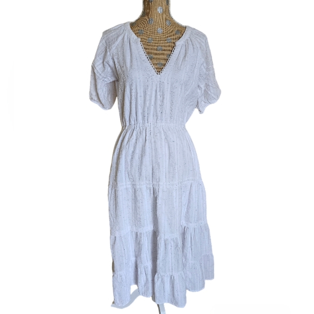 NWT Betsey Johnson puff sleeve tiered boho white cotton dress medium - Picture 2 of 13